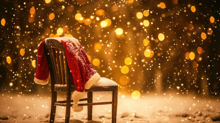 A serene winter setting features a chair draped with a Santa coat surrounded by gentle snowfall and sparkling golden lights, creating a cozy holiday atmosphere perfect for celebration.の素材