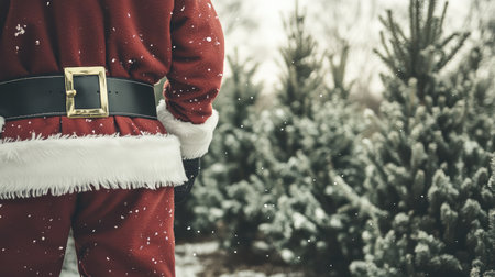 A joyful figure of Santa Claus stands in a tranquil snowy forest, capturing the essence of Christmas celebration with evergreens, creating a perfect holiday atmosphere.の素材