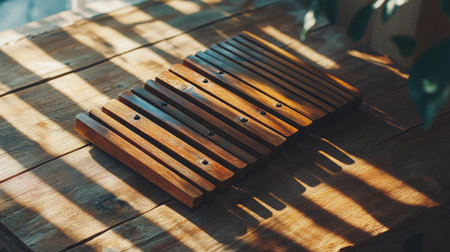 A captivating image showcasing a wooden xylophone illuminated by natural light, casting intricate shadows on a rustic tabletop, ideal for music-related themes.の素材