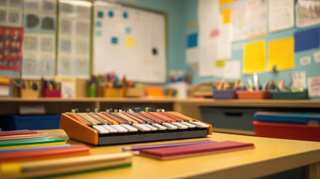 A vibrant classroom scene featuring a xylophone and colorful art supplies, encouraging creativity and interactive learning among children in an educational setting.の素材