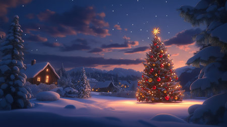 A serene winter scene featuring a beautifully lit Christmas tree surrounded by snow, with a cozy cabin in the background under a starry night sky. Perfect for holiday themes.の素材