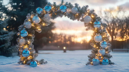 A beautifully decorated Christmas arch with blue ornaments and sparkling lights stands in a snowy landscape, creating a warm and festive atmosphere as the sun sets.の素材