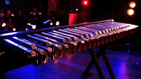 This close-up image showcases a metal xylophone under vibrant stage lights, emphasizing the beauty of musical craftsmanship and the excitement of live performances.の素材