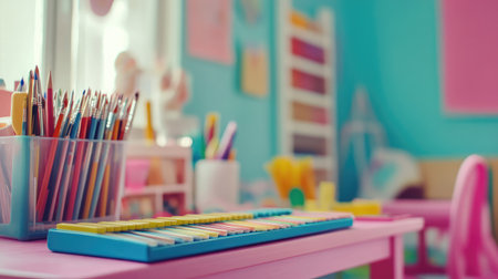 Colorful and cheerful workspace designed for children, showcasing a variety of art supplies, encouraging creativity and playful learning through artistic activities.の素材