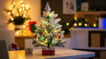 A charming small Christmas tree adorned with colorful ornaments and sparkling lights creates a warm and festive atmosphere in a cozy indoor setting perfect for holiday celebrations.の素材