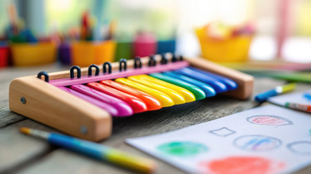 A vibrant wooden xylophone designed for children, surrounded by art supplies in a bright playroom, promoting creativity and musical exploration for young learners.の素材