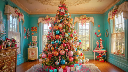 A beautifully decorated Christmas tree stands in a cozy room, filled with colorful ornaments and gifts, creating a warm and festive atmosphere for the holiday season.の素材