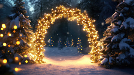 Discover a serene winter wonderland with glimmering lights illuminating a snowy path, surrounded by frosty trees, creating a magical and festive atmosphere perfect for the holiday season.の素材