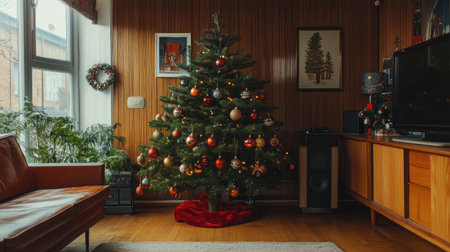 A warm and inviting living room featuring a beautifully decorated Christmas tree with ornaments, creating a festive and cozy holiday atmosphere perfect for gatherings.の素材