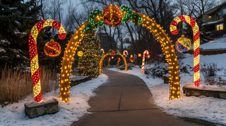 A captivating holiday scene showcasing vibrant lights and candy cane arches beside a snow-covered path, creating a warm and festive atmosphere perfect for winter celebrations.の素材