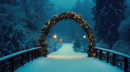 A tranquil winter pathway illuminated by beautiful lights under a misty blue sky. Snow-covered trees create a serene atmosphere, inviting peaceful walks in a magical holiday setting.の素材