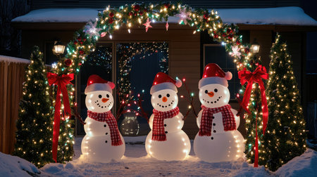 Delightful winter scene featuring three cheerful snowmen adorned in red scarves and hats under a glowing arch, surrounded by festive decorations and sparkling lights.の素材
