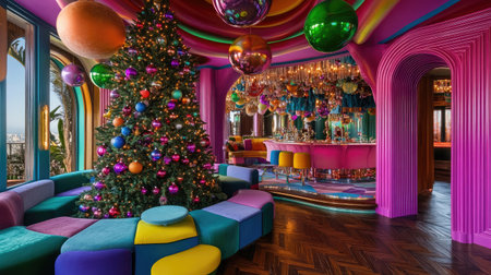 A stunning interior featuring a colorful Christmas tree surrounded by whimsical decor, luxurious furnishings, and a vibrant atmosphere perfect for festive celebrations.の素材