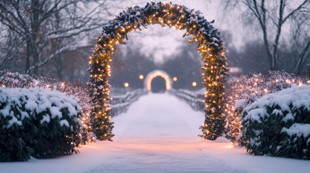 A peaceful winter scene featuring a snow-covered pathway framed by decorative archways adorned with glowing lights, creating a serene ambiance in an enchanting outdoor landscape.の素材