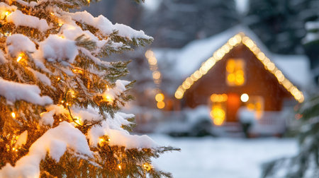 Capture the essence of winter with this enchanting scene featuring a rustic cabin adorned with twinkling lights and surrounded by snow-covered pine trees, creating a serene holiday setting.の素材