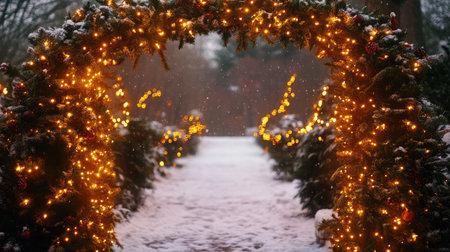 A captivating winter scene featuring a beautifully decorated archway with glowing lights guiding the way through a snow-covered garden in a serene and magical atmosphere.の素材