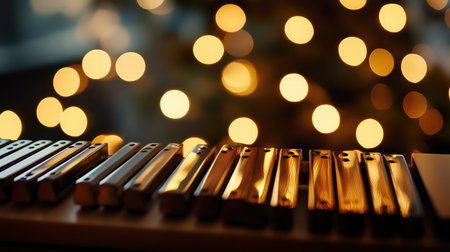 A serene close-up image of harmonicas lined up, with soft, warm bokeh lights in the background creating a festive ambiance perfect for music and celebration themes.の素材