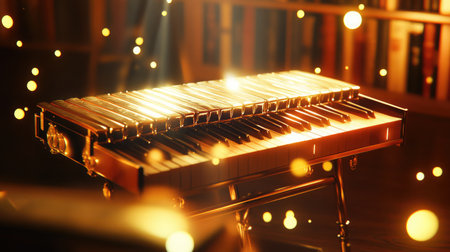 A golden musical instrument shines amid soft lights in a cozy setting, evoking feelings of creativity and warmth, perfect for artistic themes and musical inspiration.の素材