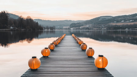 Beautiful wooden pier extending into a calm lake at dawn, adorned with glowing lanterns that enhance the peaceful atmosphere and scenic beauty.の素材