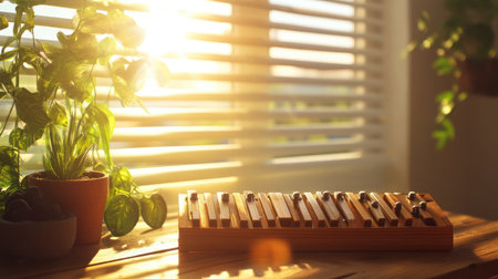 A tranquil scene showcasing a wooden musical instrument illuminated by soft sunlight in a cozy room, complemented by lush green plants, perfect for evoking creativity and warmth.の素材