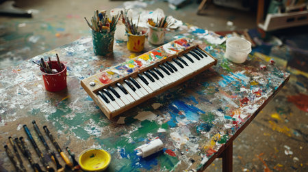 A vibrant artist's workspace showcases a small keyboard resting on a paint-splattered table, surrounded by colorful paints and brushes, offering a glimpse into creative exploration.の素材