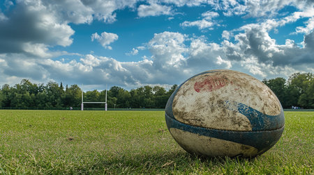 A close-up view of a weathered rugby ball resting on lush green grass, highlighting the equipment in a scenic outdoor field. The sky is filled with fluffy clouds, lending a dynamic backdrop.の素材