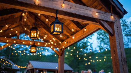 A charming outdoor space featuring a rustic wooden structure adorned with warm string lights, creating an inviting atmosphere perfect for evening gatherings and celebrations.の素材