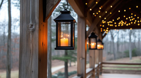A serene outdoor setting featuring glowing lanterns and fairy lights, creating a cozy ambiance on a rustic porch immersed in natural beauty during twilight.の素材