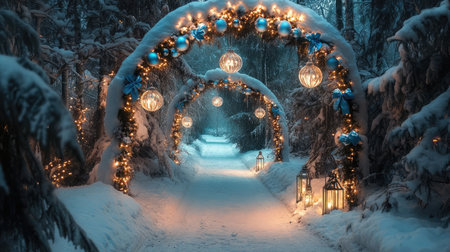 Discover a serene winter pathway adorned with festive lights and ornaments in a snowy forest, creating a cozy and magical atmosphere perfect for winter celebrations.の素材
