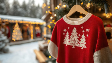 A vibrant red Christmas sweater adorned with tree patterns is showcased in a delightful winter scene filled with soft snow, twinkling lights, and festive decorations.の素材