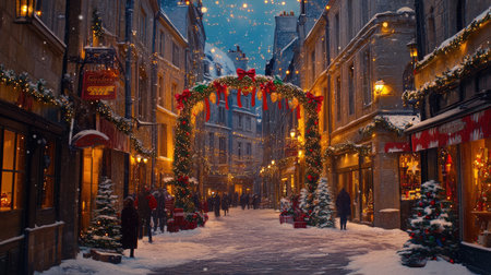 A stunning winter street scene showcasing a beautifully decorated street filled with snow, festive lights, and holiday spirit, inviting a magical atmosphere perfect for celebrations.の素材