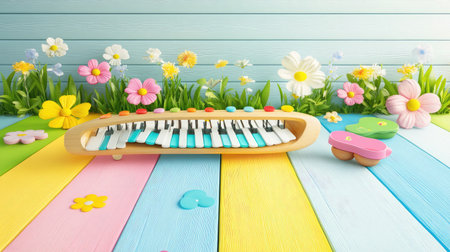 A colorful children's musical instrument set against a vibrant floral background, designed to inspire creativity and playfulness in young children while enhancing their musical journey.の素材