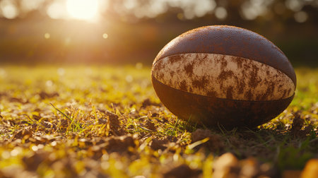 An old rugby ball rests on the grass floor, illuminated by warm sunlight, revealing its unique texture and charm amid a tranquil outdoor setting.の素材