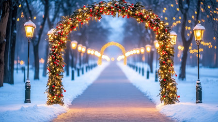 A picturesque winter scene featuring a beautifully decorated walkway with glowing archways and snowy surroundings, creating a magical holiday atmosphere perfect for evening strolls.の素材