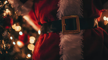 A festive close-up of a Santa Claus outfit featuring a golden belt and fluffy trim, surrounded by twinkling Christmas lights, evoking holiday spirit and cheer.の素材
