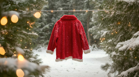 A vibrant red fluffy coat hangs in a snow-covered forest, adorned with twinkling lights, creating a magical winter scene ideal for holiday celebrations and cozy vibes.の素材