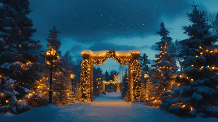 A captivating winter scene featuring a shimmering pathway illuminated by warm Christmas lights, framed by snow-laden trees under a breathtaking starry sky.の素材