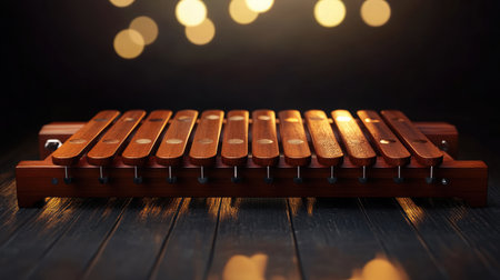 A stunning close-up image of a wooden xylophone set against a backdrop of soft bokeh lights, showcasing artistry and musical beauty for creative projects and promotions.の素材