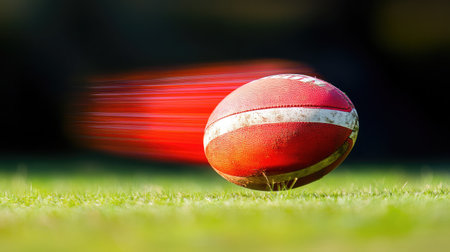 A vibrant rugby ball captured in motion, showcasing energy and speed against a blurred background, perfect for sports enthusiasts and dynamic imagery lovers.の素材
