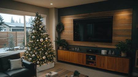 A welcoming living room captures the essence of Christmas with an elegant tree adorned in lights and ornaments, creating a warm, festive ambiance in a stylish modern space.の素材