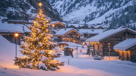 A picturesque winter village scene showcases a beautifully lit Christmas tree surrounded by snow-covered cabins and majestic mountains, creating a serene holiday atmosphere.の素材