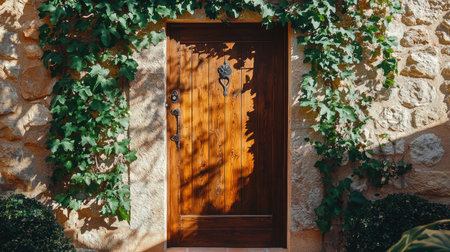 A stunning wooden door framed by vibrant green ivy on a textured stone wall, offering a charming and welcoming atmosphere in a tranquil outdoor setting.の素材