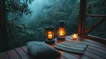 Experience tranquility with this serene forest retreat featuring glowing lanterns, soft textiles, and a calming ambiance, perfect for relaxation and a cozy escape into nature.の素材
