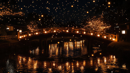 A mesmerizing night scene featuring a traditional bridge adorned with glowing lanterns reflecting beautifully on the calm water, surrounded by twinkling lights and serene trees, evoking a peaceful atmosphere.の素材