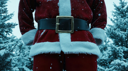 A vibrant Santa Claus figure stands in a snowy forest, radiating festive cheer surrounded by evergreen trees, capturing the essence of holiday spirit in a winter wonderland setting.の素材