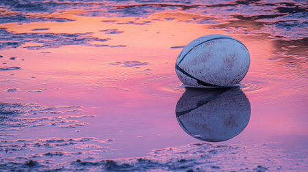 A lonely deflated rugby ball rests on a wet surface, beautifully reflecting the warm pink and orange hues of a stunning sunset sky in a tranquil outdoor setting.の素材