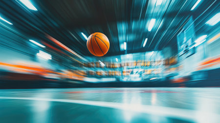 A stunning image capturing the fast-paced action of a basketball in motion, reflecting the high energy and excitement of gameplay in a dynamic indoor setting.の素材