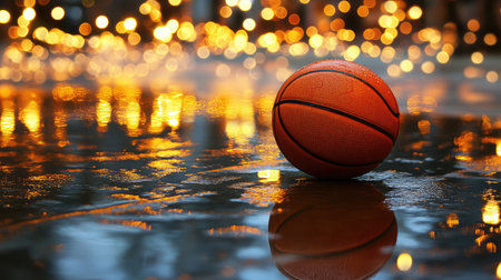 This dynamic image showcases a basketball resting on a wet surface, beautifully illuminated by shimmering golden bokeh, evoking a vibrant atmosphere of energy and sport.の素材