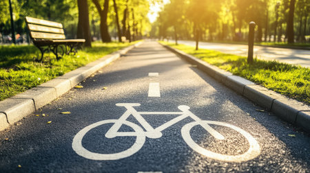 A serene bike path meanders through a vibrant park, basking in warm sunlight and framed by lush trees, inviting cyclists and nature lovers to enjoy a refreshing outdoor experience.の素材