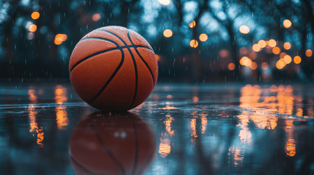 A vibrant basketball rests on a wet surface in a park, surrounded by rain and bokeh lights, creating a tranquil yet energetic atmosphere for outdoor sport enthusiasts.の素材